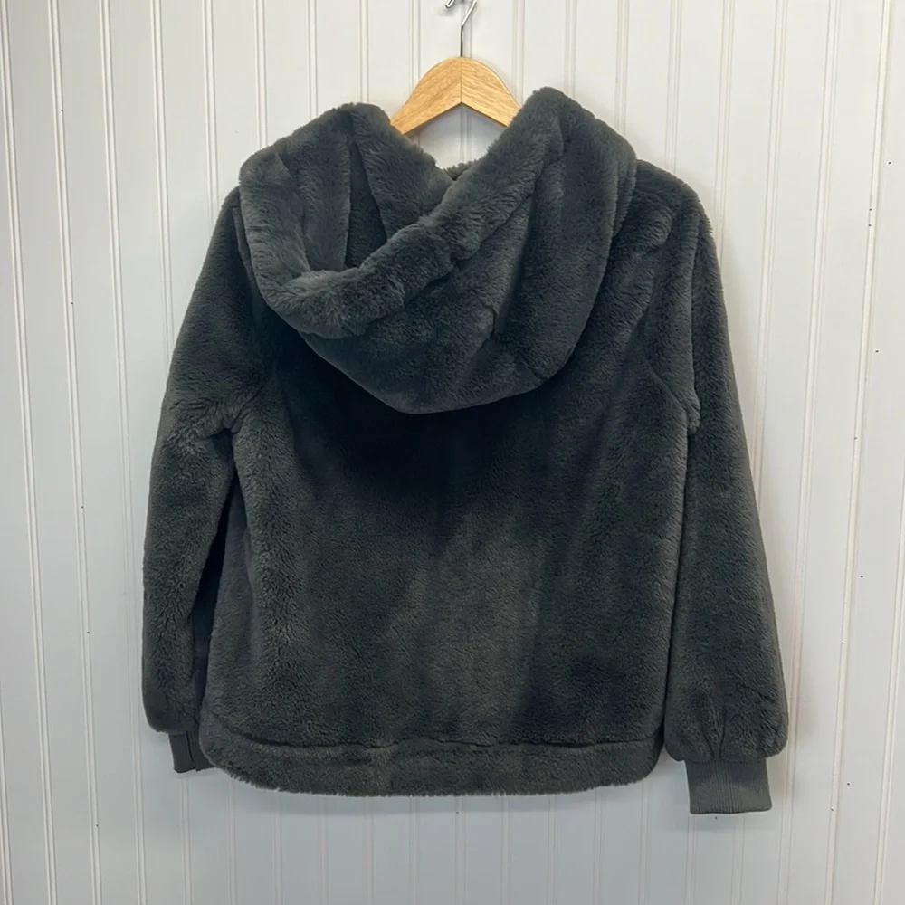 Bellivera Dark Gray Faux Fur Shearling Bomber‎ Hooded Jacket Sz M